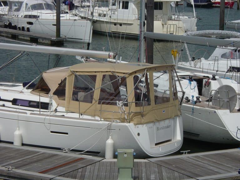 Dufour 405 Bimini conversion fitted to Tecsew Bimini and factory Sprayhood
