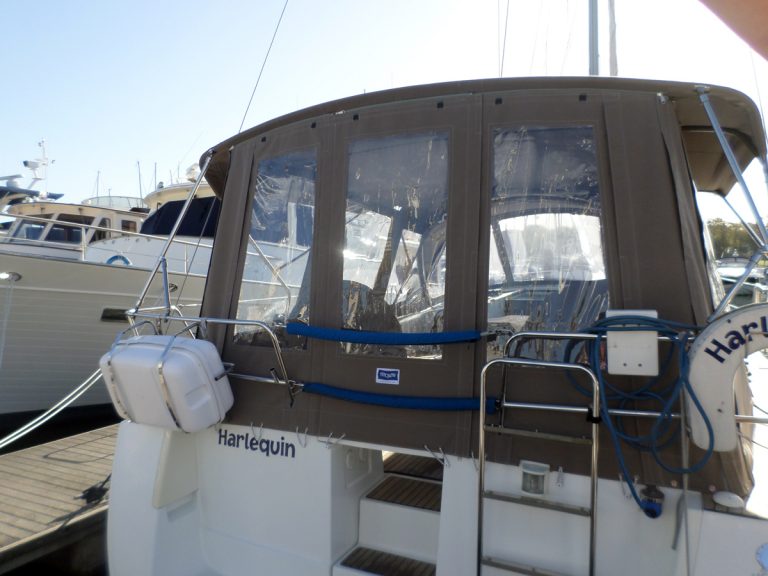 Beneteau Oceanis 43, Bimini Conversion fitted to Tecsew recovers for factory-supplied Bimini and Sprayhood, HARLEQUIN