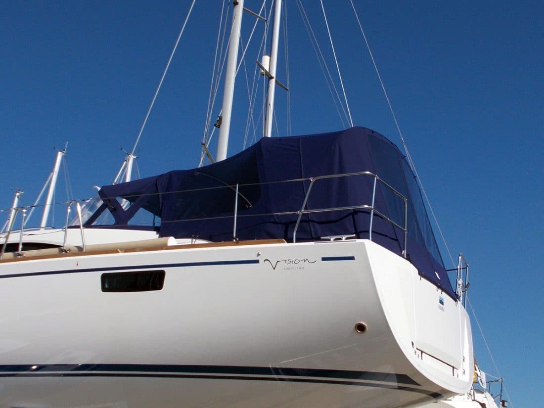 Bavaria Vision 42, HIGHER model Cockpit enclosure fitted to FACTORY FIT Sprayhood