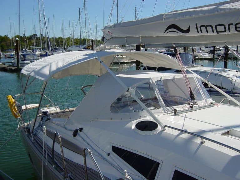 Elan 384 Sprayhood shown with our Elan 384 Bimini