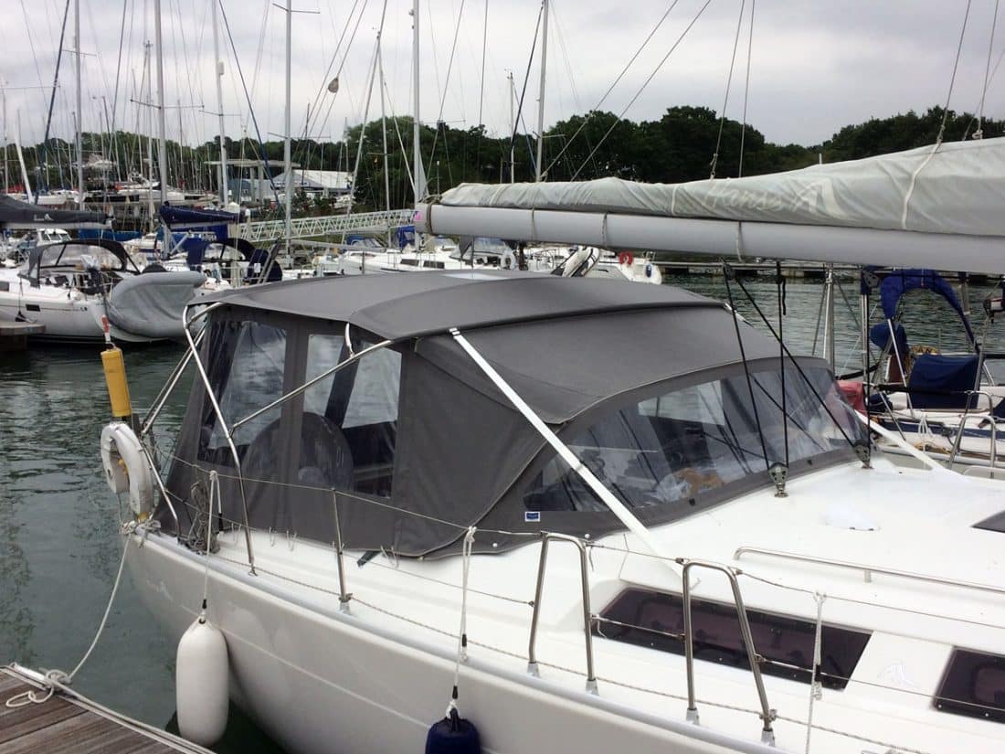 Hanse 400 Bimini Conversion to suit Tecsew Bimini and Tecsew recover of factory fit Sprayhood, ANNIECAN