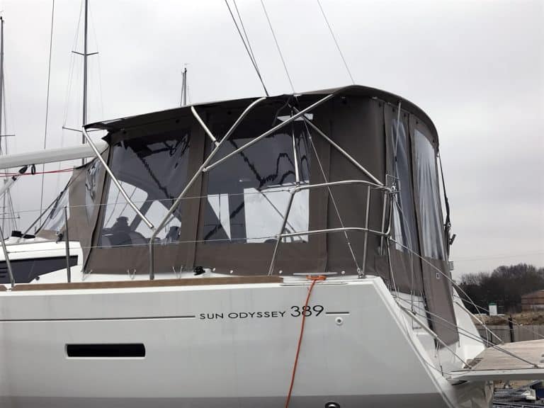 Jeanneau Sun Odyssey 389 Bimini Conversion to fit Tecsew Sprayhood and factory Bimini