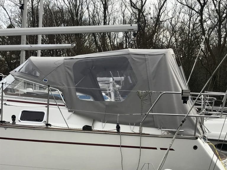 Najad 355 Cockpit Enclosure fitted to Tecsew recover for factory original Sprayhood, SEA SWAN