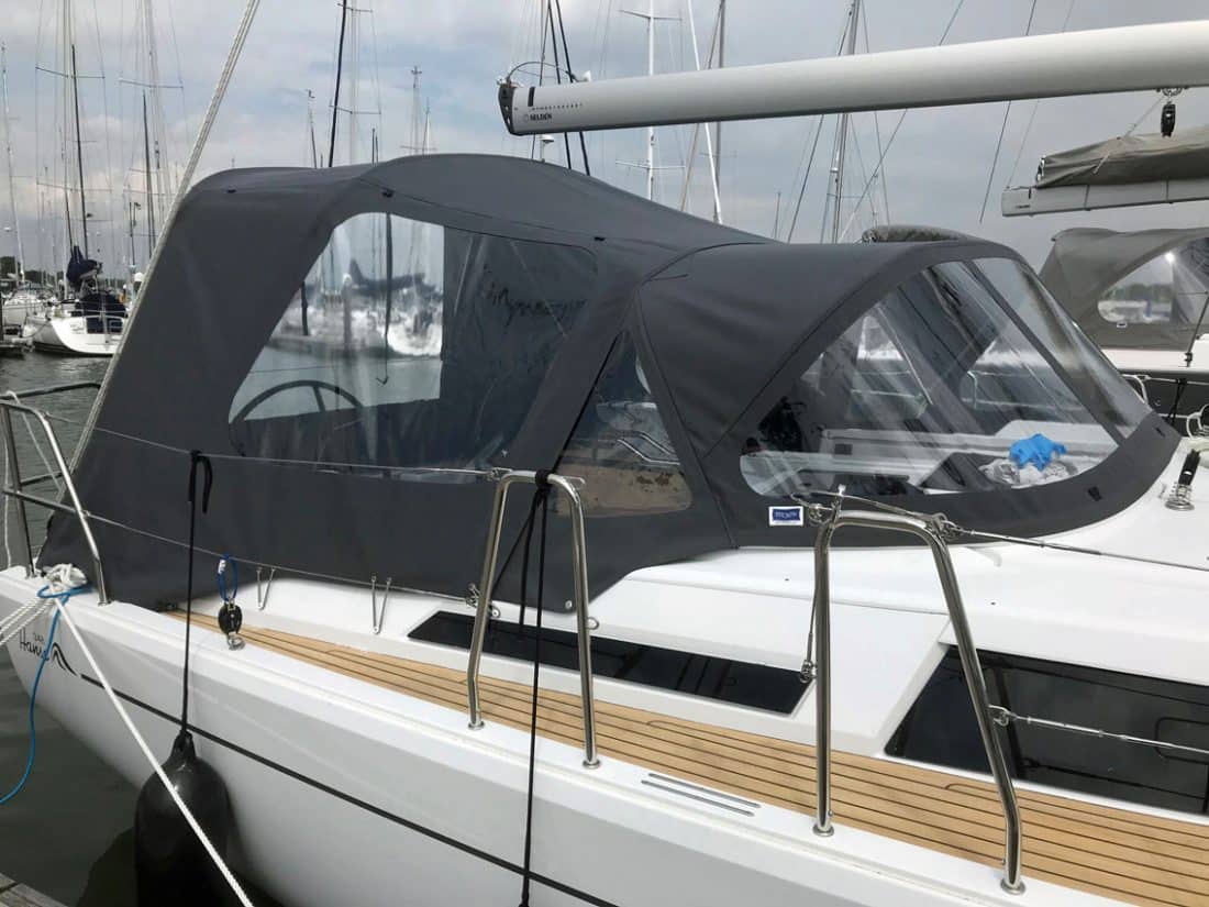 Hanse 348 Cockpit Enclosure fitted to standard Tecsew Sprayhood