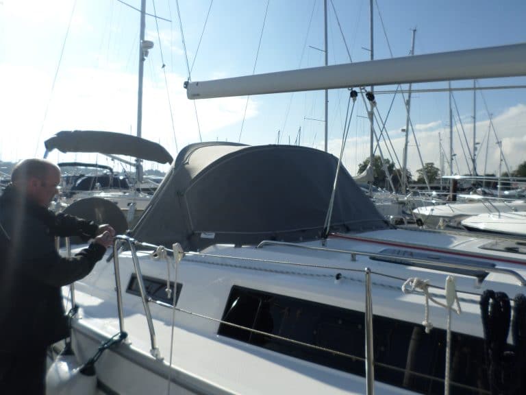 Bavaria Cruiser 37 Sprayhood Window Blind shown on taller Sprayhood