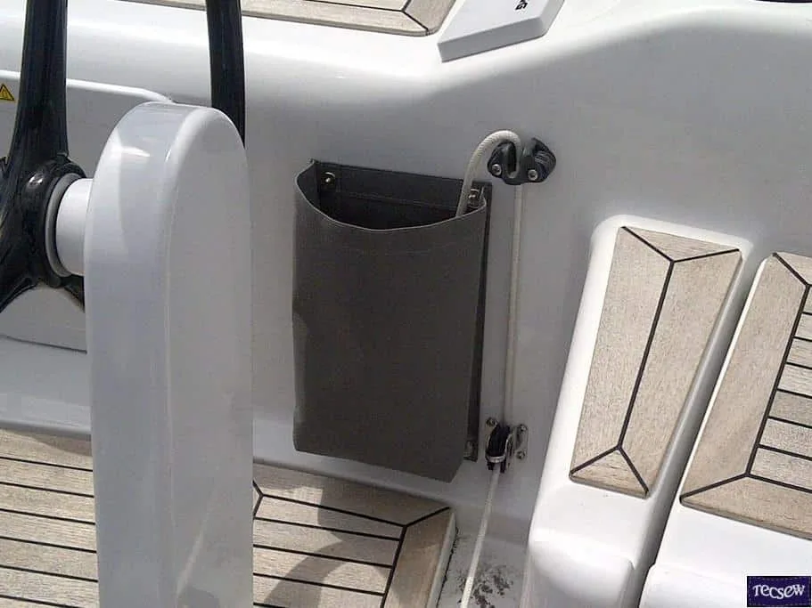 Custom-designed cabin top halyard bags on a Dehler 38, providing organized storage and easy access to lines.
