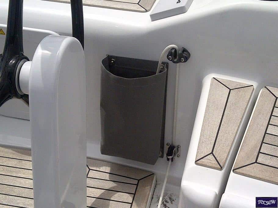 Custom-designed cabin top halyard bags on a Dehler 38, providing organized storage and easy access to lines.