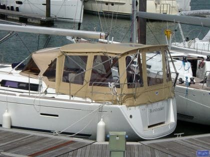 dufour 405 bimini conversion fitted to tecsew bimini and factory sprayhood 3