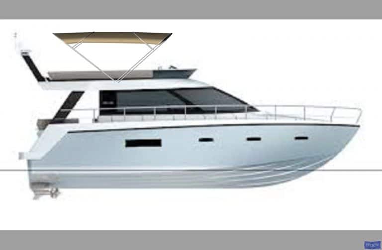 Sealine F42 bimini with a curved design, featuring Sunbrella fabric and stainless steel frame for flybridge protection.