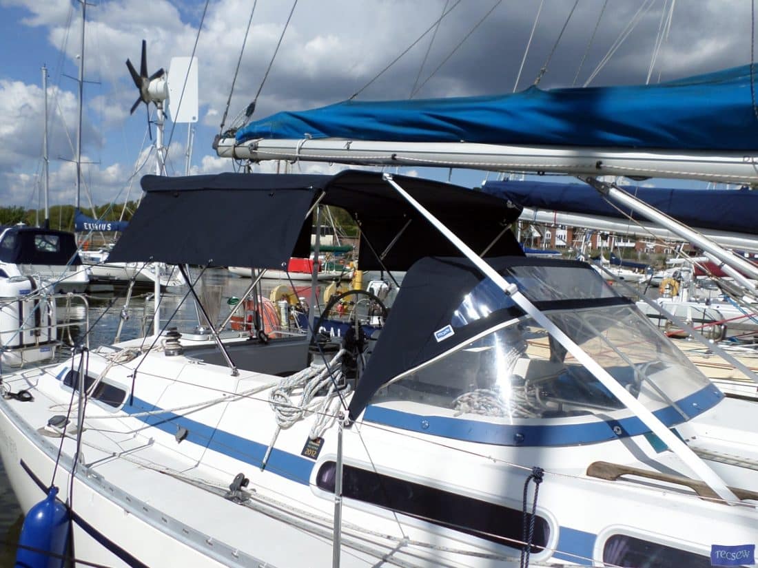 Moody 376 Bimini, standard design shown with optional side shade curtains_3