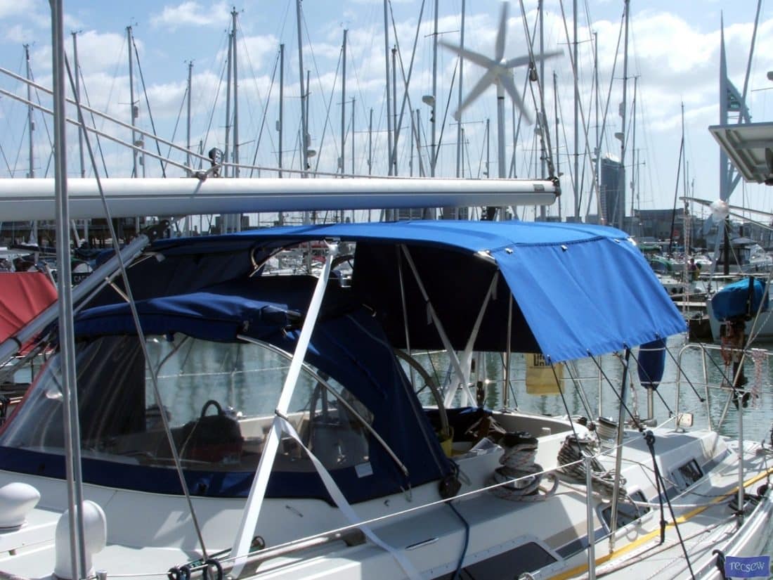 Moody 425 Bimini, later design, shown with optional side shade curtains_6