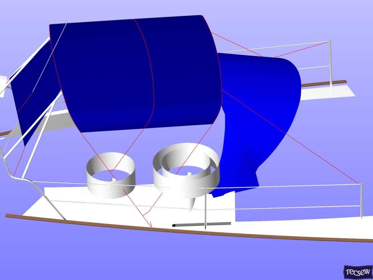 Sadler 34 Bimini with zip attached side shade panels windows and fwd