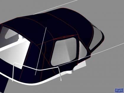 Cockpit enclosure for Beneteau Oceanis 323 with Tecsew Sprayhood Recover Type 2, featuring Sunbrella fabric and clear windows.
