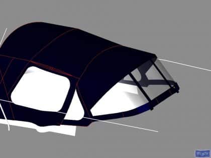 Cockpit enclosure for Beneteau Oceanis 323 with Tecsew Sprayhood Recover Type 2, featuring Sunbrella fabric and clear windows.