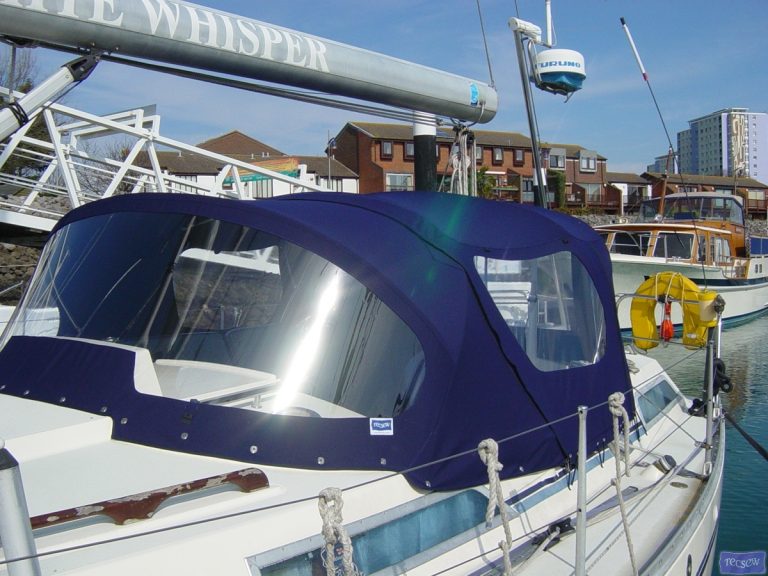 Moody 346 Cockpit Enclosure, White Whisper shown with Tecsew Sprayhood_4