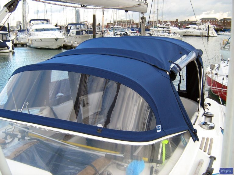 Moody 36 fixed screen Sprayhood recover Avalon, shown with optional Cockpit Enclosure