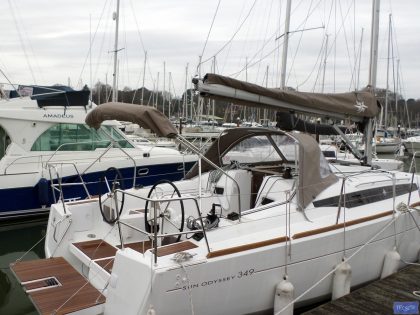 Jeanneau Sun Odyssey 349 with open transome and no backstays, Cockpit Enclosure fitted to factory fit NV Sprayhood