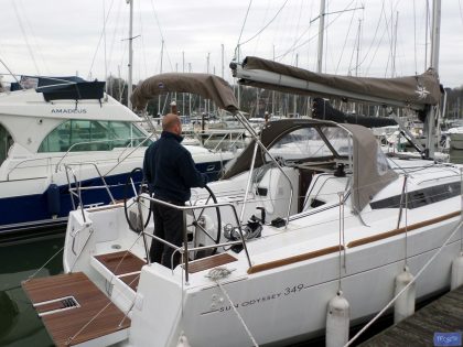 Jeanneau Sun Odyssey 349 with open transome and no backstays, Cockpit Enclosure fitted to factory fit NV Sprayhood