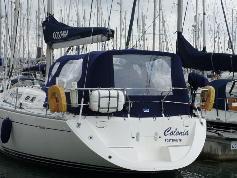 Moody S38, COLONIA, Sprayhood recover with lengthened back bar shown with Cockpit Enclosure