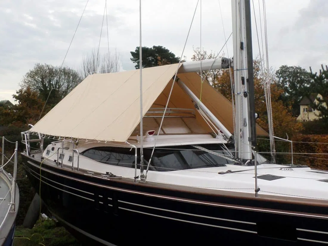 Tecsew Boom Tent – Custom Cockpit Protection Tecsew boom tent fitted on a yacht, offering cockpit protection with premium marine fabric and custom fit.