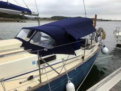Victoria 34, SYMPHONY, Bimini with Zipped Side Shade Panel fitted to Tecsew Sprayhood Recover front 1