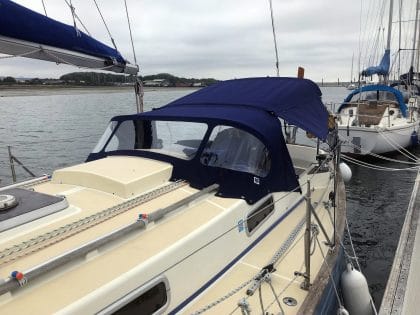 Victoria 34, SYMPHONY, Bimini with Zipped Side Shade Panel fitted to Tecsew Sprayhood Recover front 2