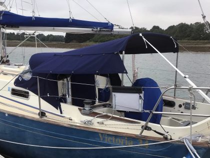 Victoria 34, SYMPHONY, Bimini with Zipped Side Shade Panel fitted to Tecsew Sprayhood Recover left side 2