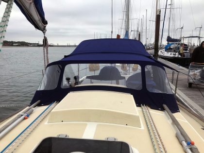 Victoria 34, SYMPHONY, Bimini with Zipped Side Shade Panel fitted to Tecsew Sprayhood Recover front 4
