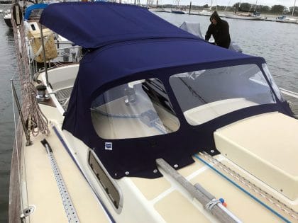 Victoria 34, SYMPHONY, Bimini with Zipped Side Shade Panel fitted to Tecsew Sprayhood Recover front 3