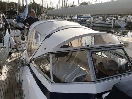 Hallberg Rassy cockpit enclosure by Tecsew, CAD-designed using structured light scanning.