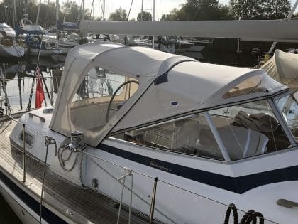 Hallberg Rassy cockpit enclosure by Tecsew, CAD-designed using structured light scanning.