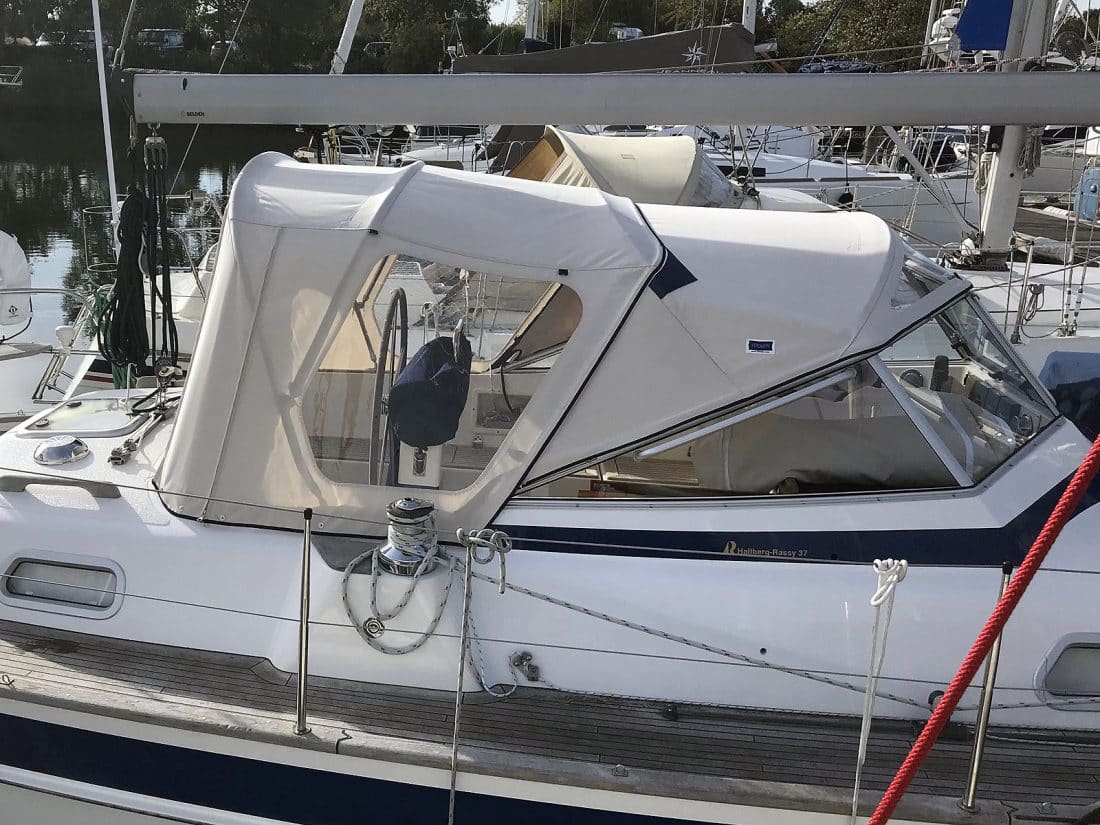 Hallberg Rassy cockpit enclosure by Tecsew, CAD-designed using structured light scanning.