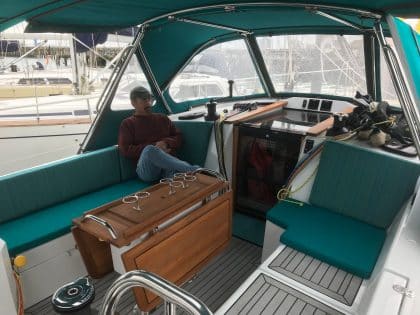 Allures 45.9 with Custom Sprayhood, Bimini, Bimini Enclosure, and Cushions by Tecsew" Alt Text: "An Allures 45.9 yacht featuring a custom sprayhood, bimini, bimini enclosure, and cushions from Tecsew.