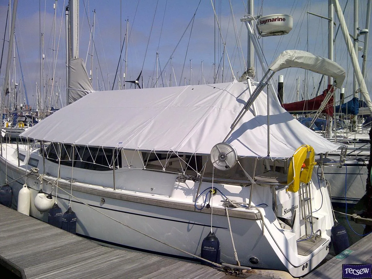 Outside view of Boom Tent – Comfortable Cockpit Protection Interior of yacht cockpit under a Tecsew boom tent, providing shade and protection with a tailored design.
