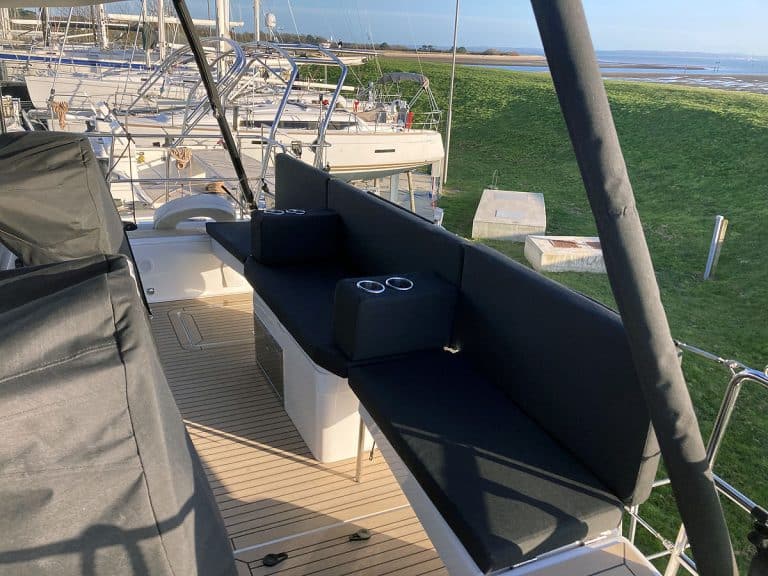 Hanse 588 HT Aft Cockpit Cushion Seats, Backs and Armrests with Drink Holders