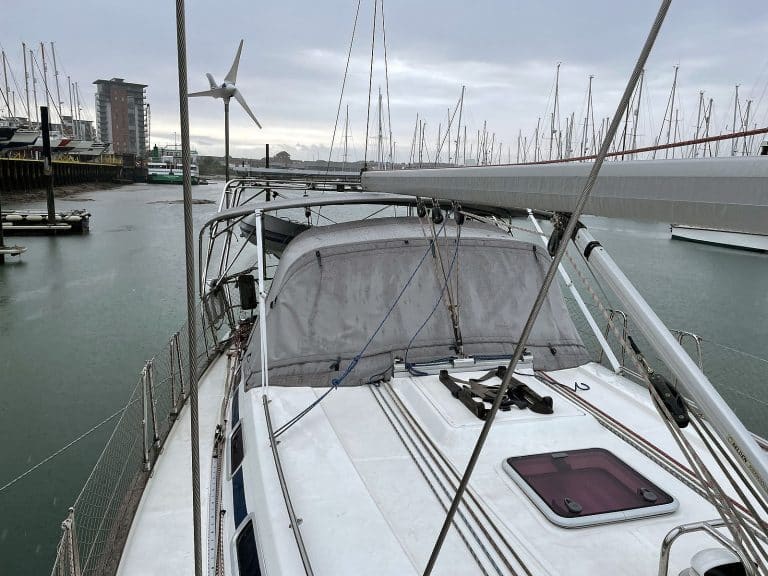 Bavaria 44 Sprayhood shown with optional Window Blind fitted