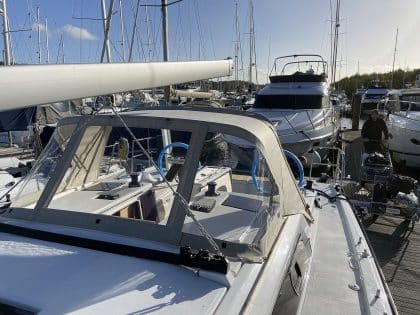 Dufour 390 Sprayhood with optional Zipped Roll Up Front Window and Hand Hold Cut Outs