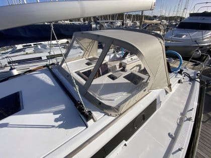 Dufour 390 Sprayhood with optional Zipped Roll Up Front Window and Hand Hold Cut Outs