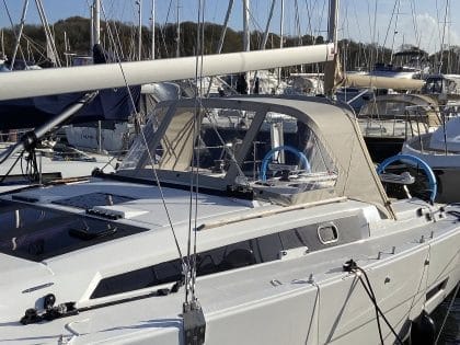 Dufour 390 Sprayhood with optional Zipped Roll Up Front Window and Hand Hold Cut Outs