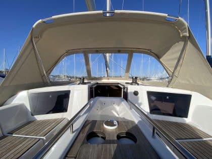 Dufour 390 Sprayhood with optional Zipped Roll Up Front Window and Hand Hold Cut Outs