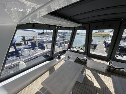 Hanse 460 HT cockpit enclosure integrated with the hard top, shown with version ref 2007 accommodating davits.