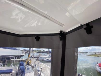Hanse 460 HT cockpit enclosure integrated with the hard top, shown with version ref 2007 accommodating davits.