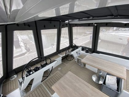 Interchangeable Soltis mesh and Renolit window panels on Hanse 460 HT cockpit enclosure.
