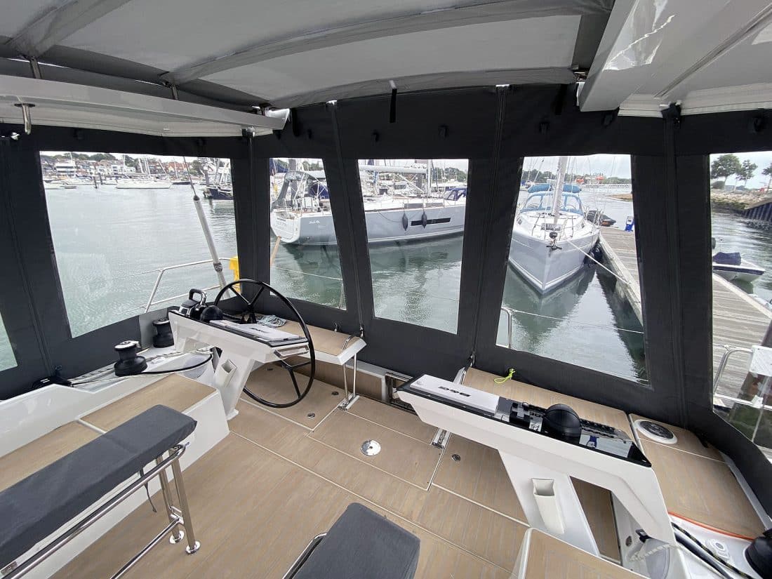Hanse 460 HT cockpit enclosure integrated with the hard top, shown with version ref 2007 accommodating davits.