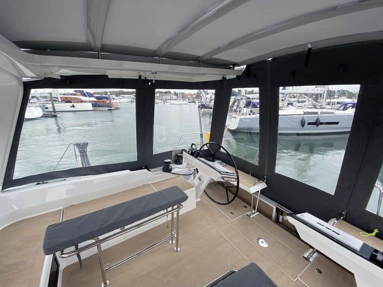 Hanse 460 HT cockpit enclosure integrated with the hard top, shown with version ref 2007 accommodating davits.