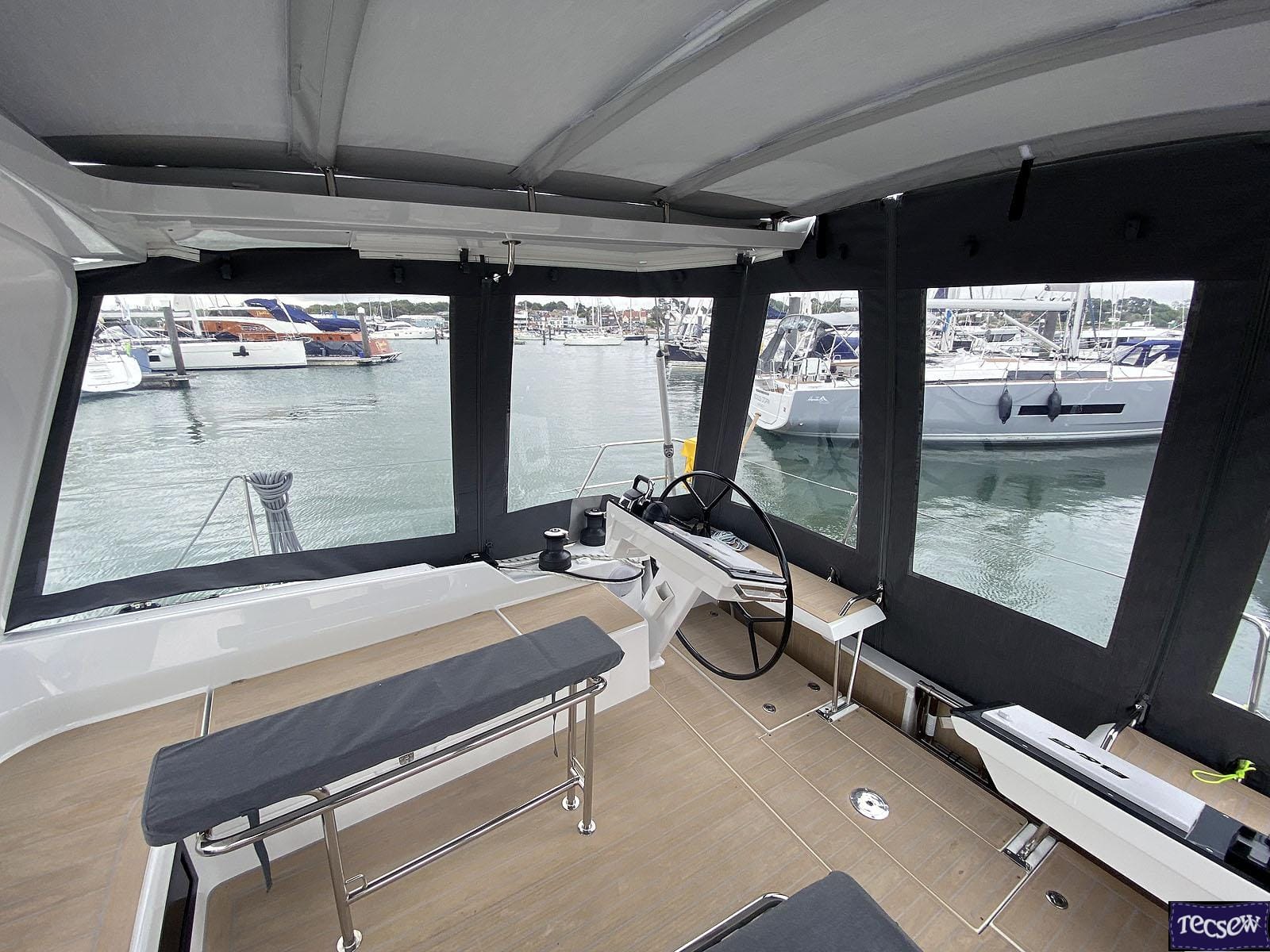 Hanse 460 HT cockpit enclosure integrated with the hard top, shown with version ref 2007 accommodating davits.