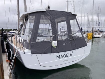 Hanse 460 HT cockpit enclosure integrated with the hard top, shown with version ref 2007 accommodating davits.