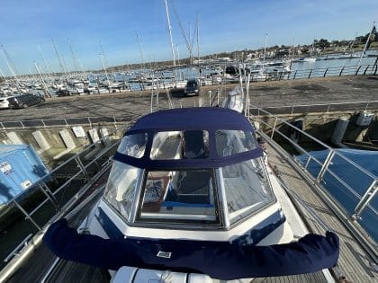 Najad 460 Sectional Bimini showing aft Bimini folded aft