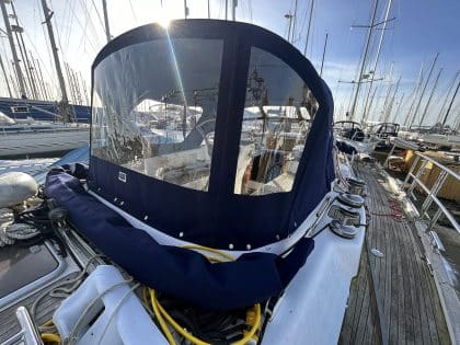 Najad 460 Sectional Bimini showing aft Bimini folded