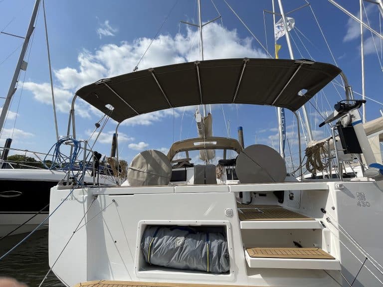 Dufour 430 Custom Bimini with Foreward Extension and Tension Struts